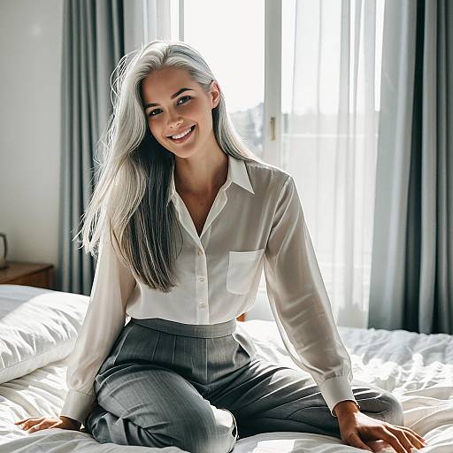 Young Woman with Silvery Gray Hair Sitting on Bed