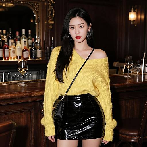 Photograph of an Asian woman with long black hair, red lipstick, yellow off-shoulder sweater, and black vinyl skirt, standing in a dim