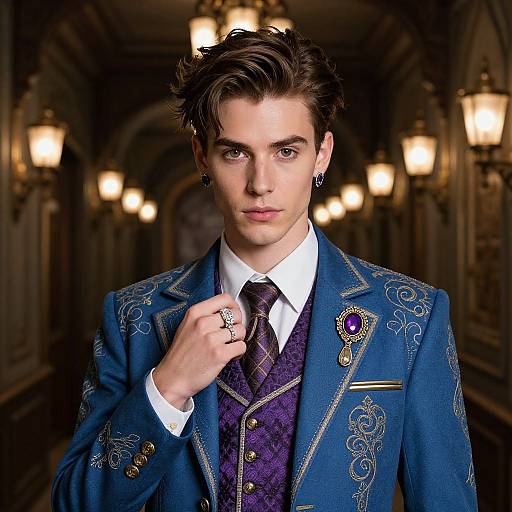 Photograph of a handsome young man with dark hair, wearing an ornate blue suit, purple vest, and tie, holding his lapel in a