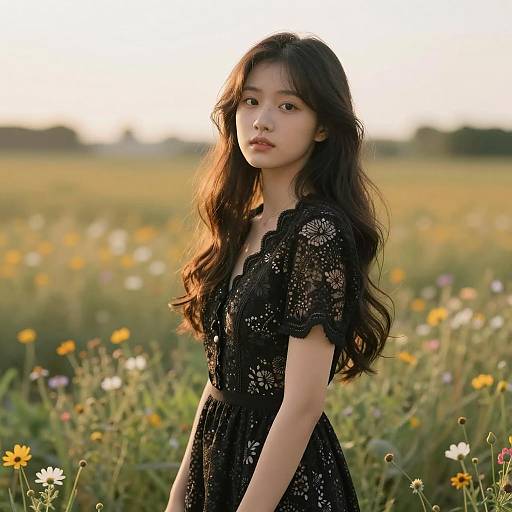 Young Woman in Black Lace Dress in Wildflower Field