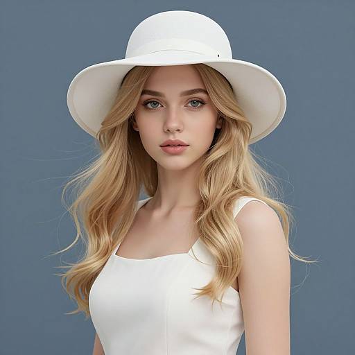Photograph of a young blonde woman with wavy hair, wearing a white hat and sleeveless white top, against a blue background.