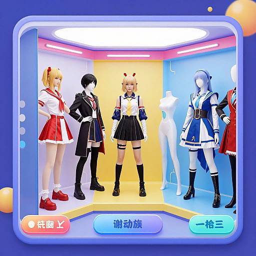 Digital anime-style illustration of five schoolgirls in colorful outfits, standing in a neon-lit, blue-bordered display case. Japanese text labels below.