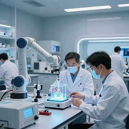 Photograph of two male scientists in white lab coats, wearing face masks, working in a modern, brightly lit laboratory with microscopes and glowing blue equipment