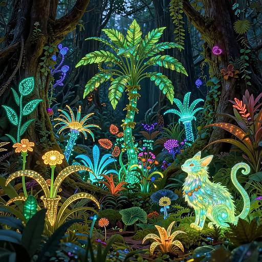 Luminous, neon-lit forest scene featuring glowing flowers, ferns, palm, and a mythical cat-like creature amidst dark, dense trees.