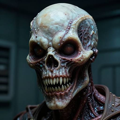 Photorealistic CGI of a grotesque, stitched-together skull with glowing eyes, exposed brain, and sharp teeth, set against a dark, industrial
