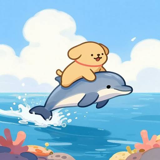 Cute Dog Riding Dolphin Over Ocean Waves