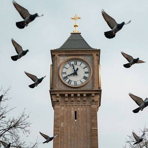 Photograph of a tall, brown, clock tower with a gold spire, surrounded by flying black birds against a clear sky.