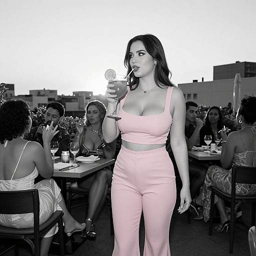 Photograph of a curvy woman with long dark hair, wearing a pink crop top and high-waisted pants, sipping a cocktail at an
