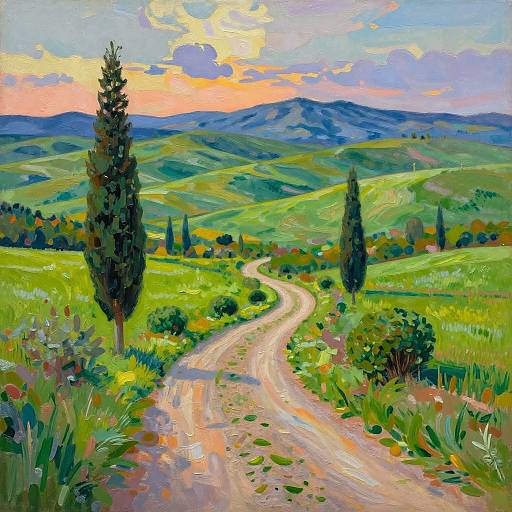 Vibrant oil painting of a winding country road through lush green hills, tall cypress trees, and a colorful sunset sky.