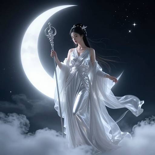Digital artwork of an ethereal Asian woman in a flowing silver gown, holding a glowing crescent staff, standing on clouds under a bright moonlit night