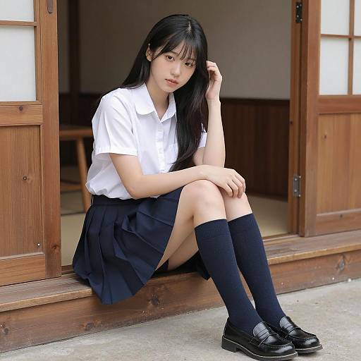 Asian Woman in School Uniform Sitting on Wooden Bench