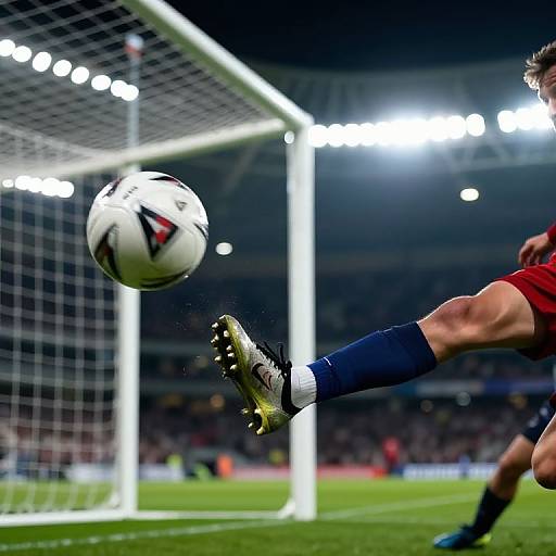 Photograph: Muscular male soccer player in red jersey and blue socks, mid-air, kicking white and black soccer ball towards goal, bright stadium lights