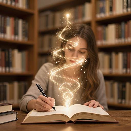 Photograph of a woman with long brown hair writing in an open book, surrounded by glowing, spiraling light in a library.