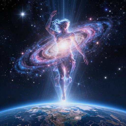Digital art: Ethereal, glowing female figure with cosmic rings, floating above Earth, surrounded by stars in a dark space background.