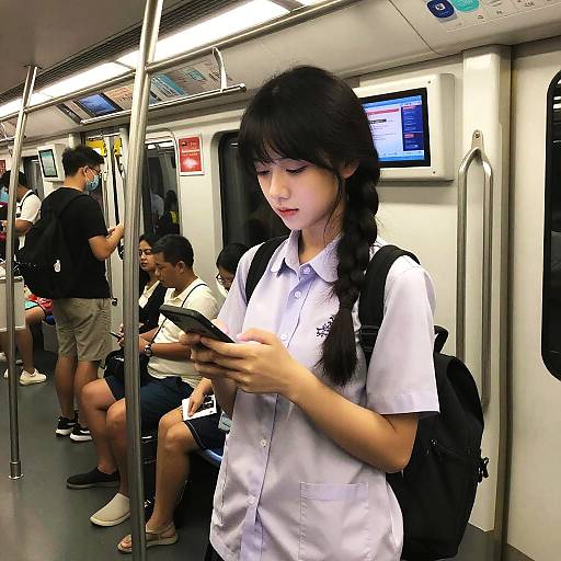 Photograph of an Asian teenage girl with black braided hair, white uniform shirt, and black backpack, intently using a smartphone on a crowded subway