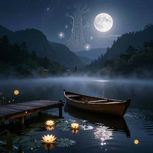 Mythical Nightscape with Glowing Rowboat