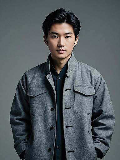 Young Asian Man in Grey Coat