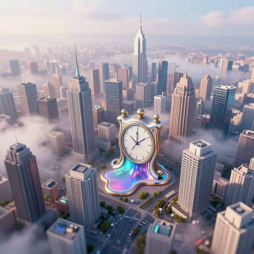 Digital CGI of a futuristic cityscape with a glowing, clock-shaped building featuring a neon blue and pink design, surrounded by skyscrapers and misty