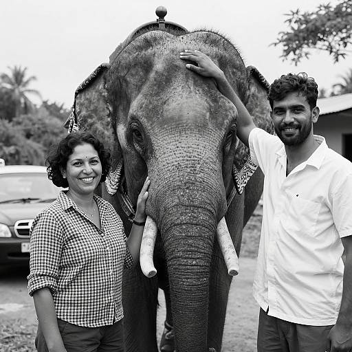 Black and White Portrait of Two People with Elephant