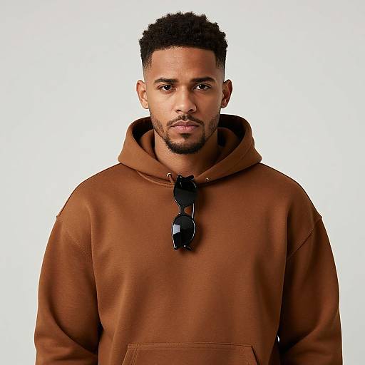 Photograph of a young Black man with short curly hair, beard, wearing a brown hoodie with sunglasses hanging from the front. White background.