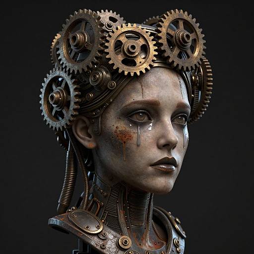Digital art of a futuristic, mechanical girl with gears on her head, tears on her face, against a dark background.