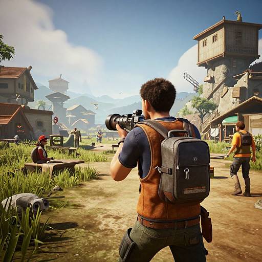 Photorealistic CGI: A man with a camera, brown vest, and backpack photographs a sunny, rural village with grassy paths, wooden houses,