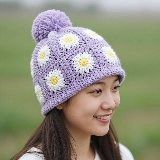 Photograph of an Asian woman with long black hair, smiling, wearing a crocheted lavender hat with white and yellow daisy flowers, set against