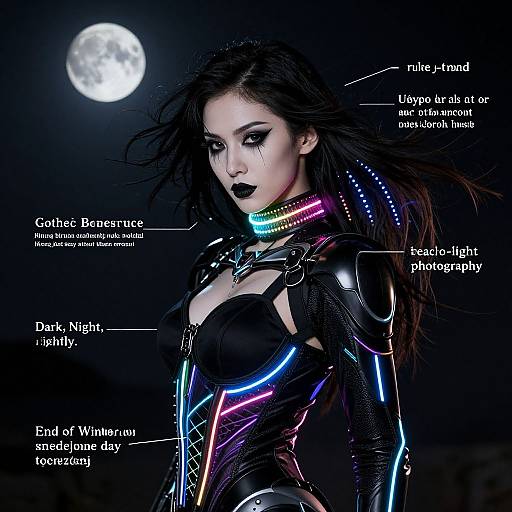 Photograph of a gothic woman in neon-lit black armor under a full moon, labeled features include 