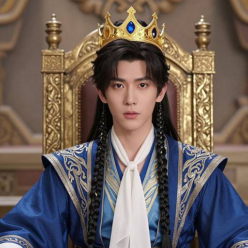 Photorealistic image of an Asian man with long black braids, wearing a gold crown, blue and gold royal robe, white necktie, sitting