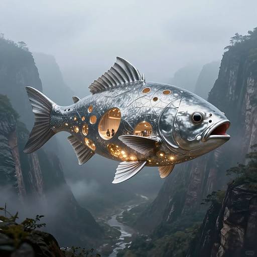 Photograph-style CGI: Silver, fish-shaped airship with glowing windows flies over misty, mountainous landscape, reminiscent of a fantasy or steamp