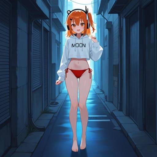 Anime Girl in Cropped Hoodie and Red Bikini Bottom