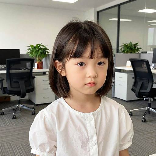 Photograph of an Asian preschool girl with straight black hair, wearing a white short-sleeve blouse, standing in a bright office with desks, black
