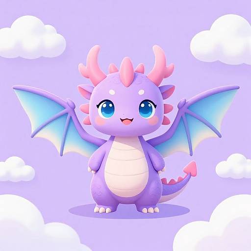 Cute digital illustration of a chibi purple dragon with blue wings, pink horns, and a white belly, standing against a pastel purple background with