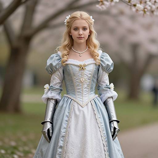 Photograph of a blonde, fair-skinned princess in a silver-blue medieval gown with puffed sleeves, white flowers, and armored gloves, standing in