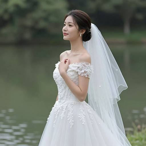 Photograph of an Asian bride in a white, off-shoulder lace wedding dress with a long veil, standing by a serene lake.