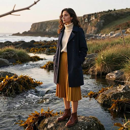 Woman on Coastal Rock at Golden Hour