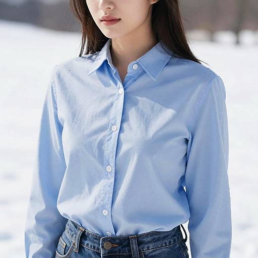Photograph of an Asian woman with long black hair, wearing a light blue button-up shirt and blue jeans, standing outdoors in bright sunlight.