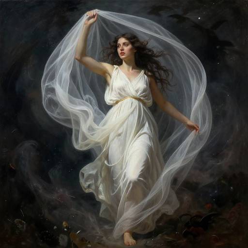 Photorealistic painting of a dark-haired woman in a flowing white gown, holding a translucent veil, floating against a dark, mystical background.