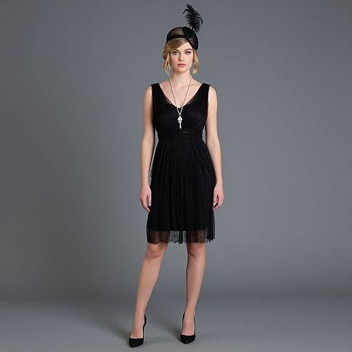 Photograph of a fair-skinned woman with blonde hair, wearing a black fringe dress, black hat with feather, black heels, and necklace, standing