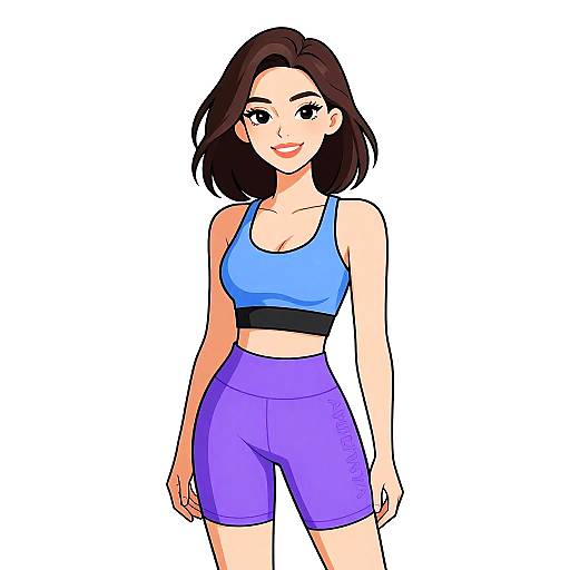 Digital anime-style illustration of a smiling woman with short dark brown hair, wearing a blue sports bra and purple high-waisted shorts.