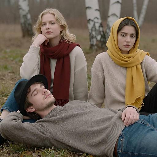 Three People Relaxing Outdoors in Autumn