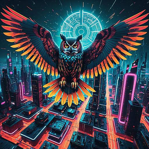 Giant Metallic Owl Over Cyberpunk City