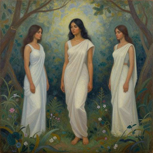 Neoclassical painting of three women in white robes, standing in a forest with green foliage and flowers, under soft light.