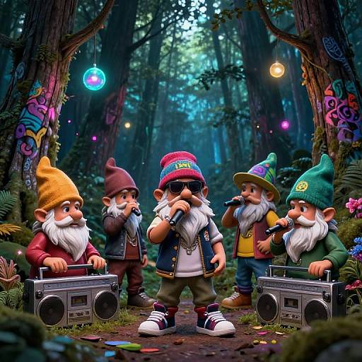 Digital illustration of five colorful gnomes in a forest, singing into microphones with boomboxes, wearing hats and jackets, surrounded by glowing lights and