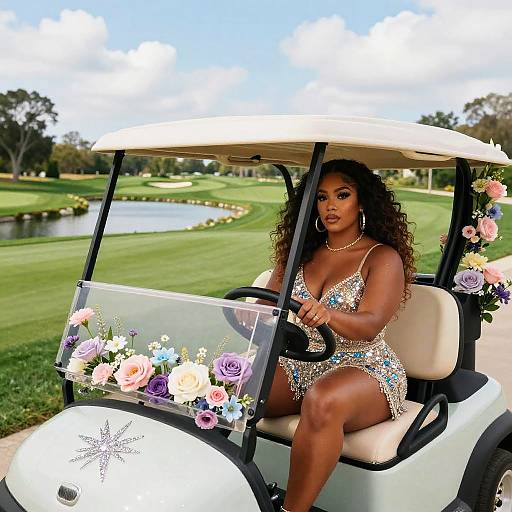 Photograph of a curvy Black woman with long curly hair, wearing a sparkly floral dress, driving a decorated golf cart on a sunny golf course