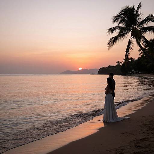 Silhouetted couple in long dress and suit standing on beach at sunset, palm trees, calm ocean, and warm orange sky. Photographic image