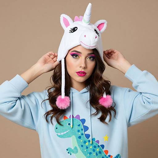 Photograph of a young woman with long brown hair, wearing a white unicorn hat with pink pom-poms, light blue hoodie with colorful dinosaur design,