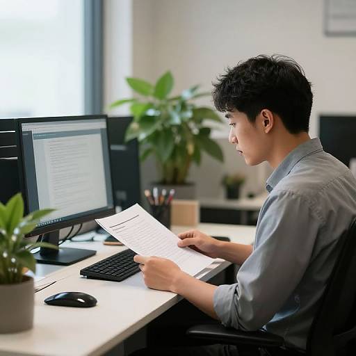 Photograph of an Asian man with short black hair, wearing a gray shirt, typing on a computer while reading papers in a bright, modern office with