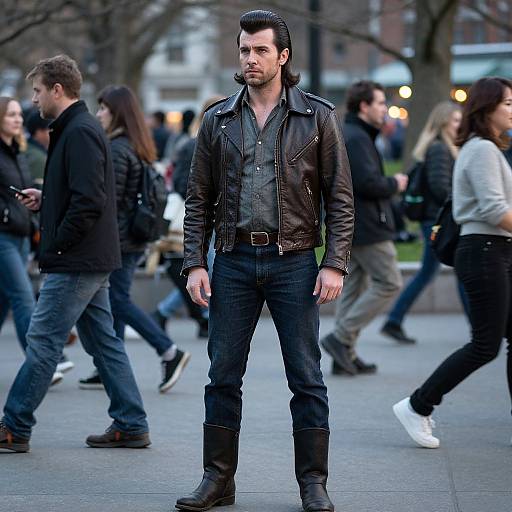 Photograph of a confident, dark-haired man in a black leather jacket, dark jeans, and boots, standing in a bustling urban park. Blurred