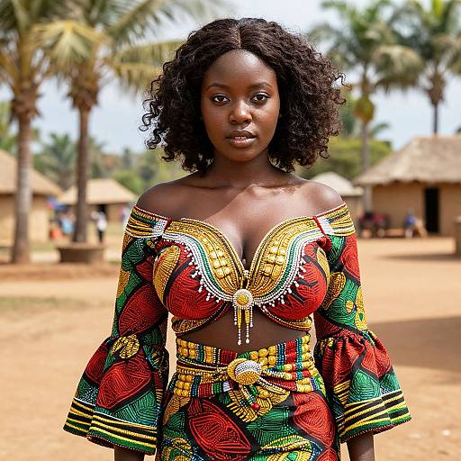 Photograph of a dark-skinned African woman with curly hair, wearing a colorful, intricately patterned, off-shoulder dress with gold embell